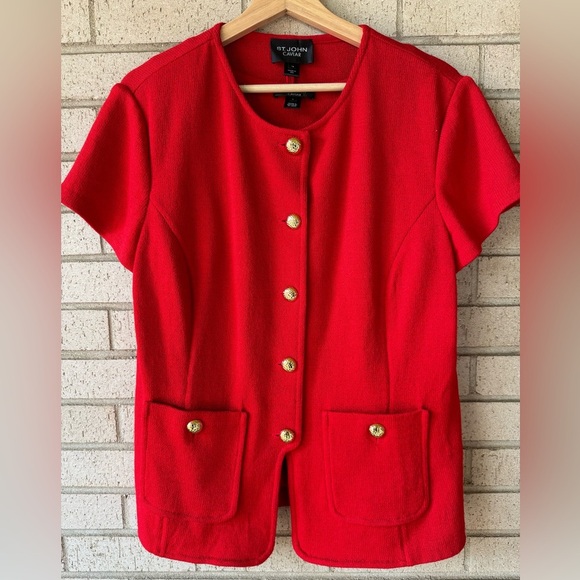 St. John Caviar Red Santana Knit 2-Piece Set | Gold Button Cardigan Set Large - Picture 1 of 8